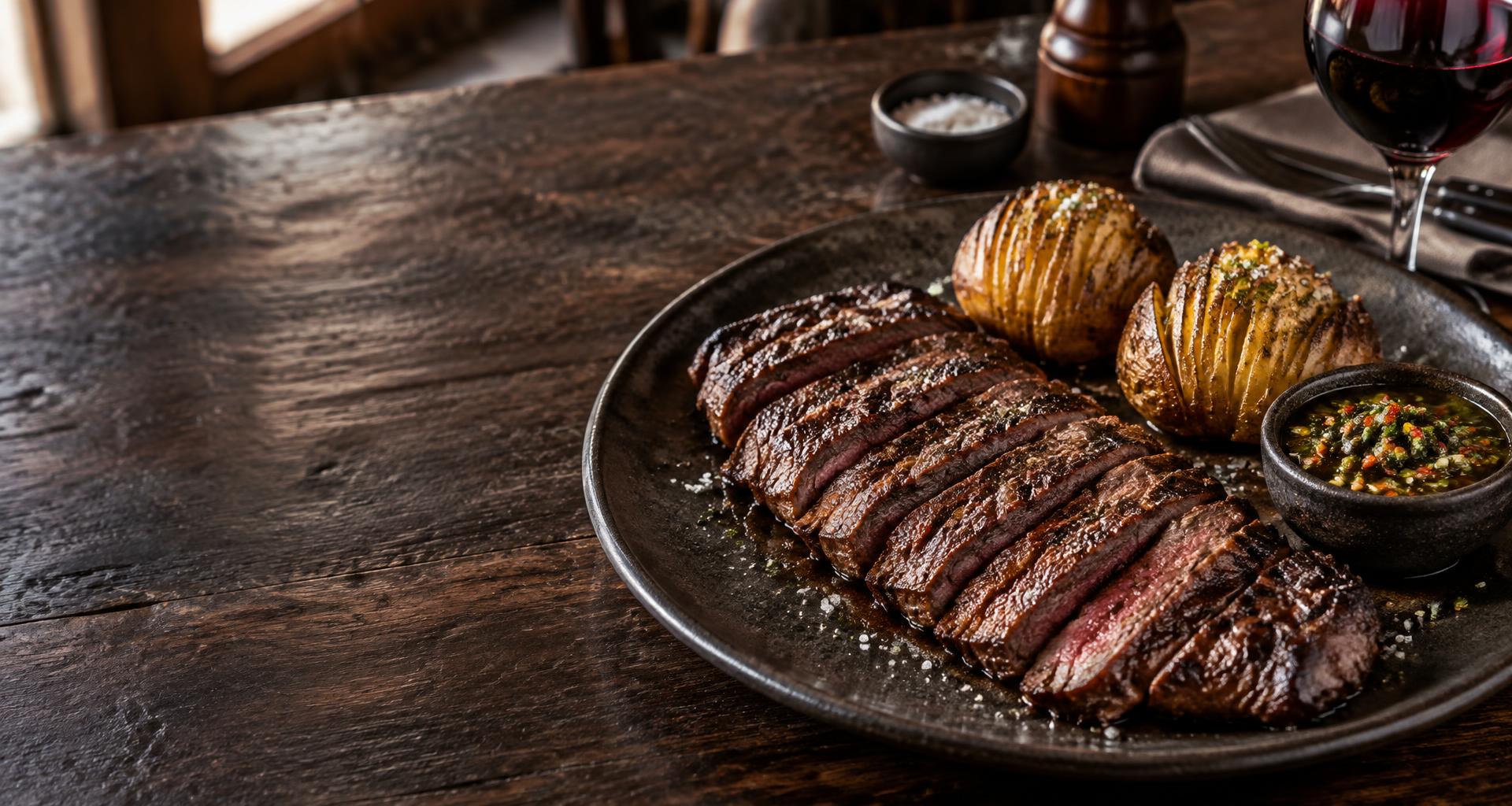 Imagen gastronómica ilustrativa de entraña a la parrilla con papas y criolla